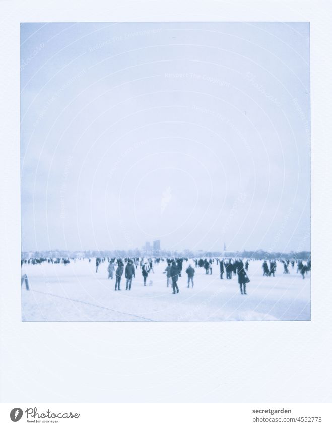 Winter wonderland Alster Hamburg Cold Polaroid Analog Crowd of people Blue White Bleak Ice frozen Ice Sheet Sky Clouds Winter's day Winter vacation Winter mood