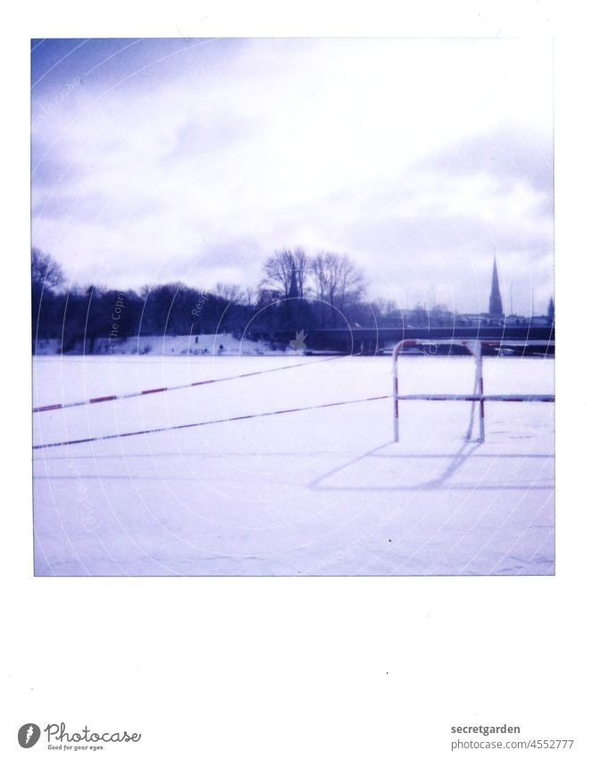 At your own risk. Alster Hamburg Tree Winter Cold Polaroid Analog Blue White Bleak Ice frozen Ice Sheet Sky Clouds Winter's day Winter vacation Winter mood