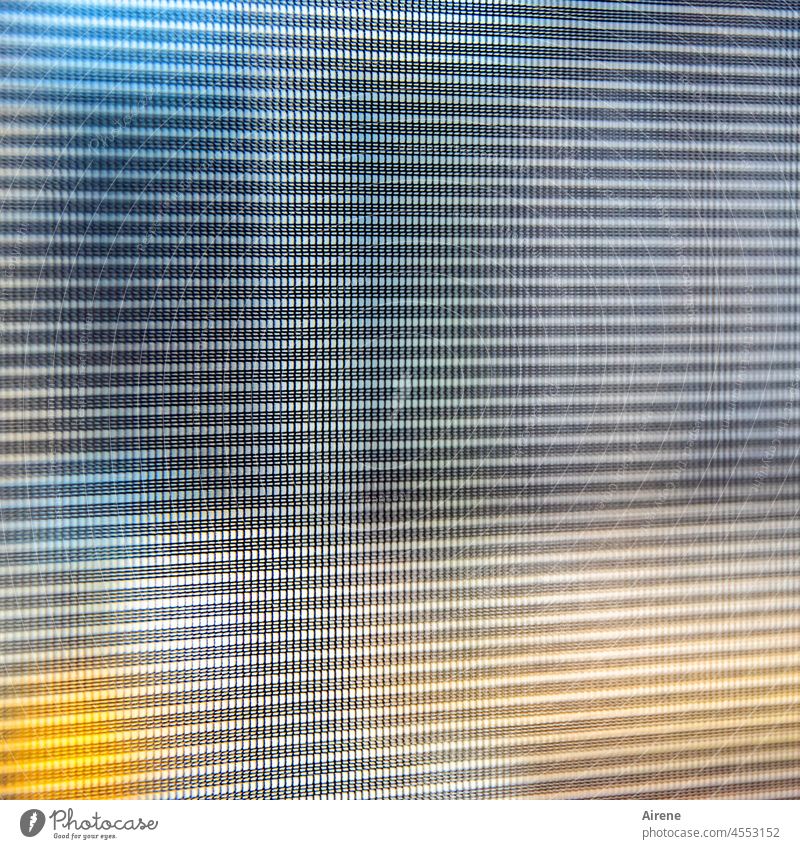 the life behind Venetian blinds Screening promise Window out inside Reticular Closed tight Plastic latticed Yellow Blue Colour hazy Unclear indistinct Longing