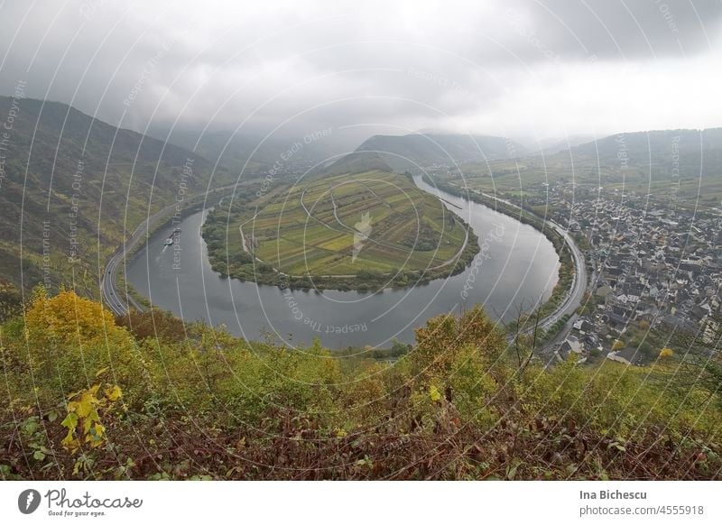 The Mosel loop under a cloudy sky in autumn colours. Moselle loop River Sky Landscape Clouds Autumn Horizon wide Nature Exterior shot Deserted Colour photo