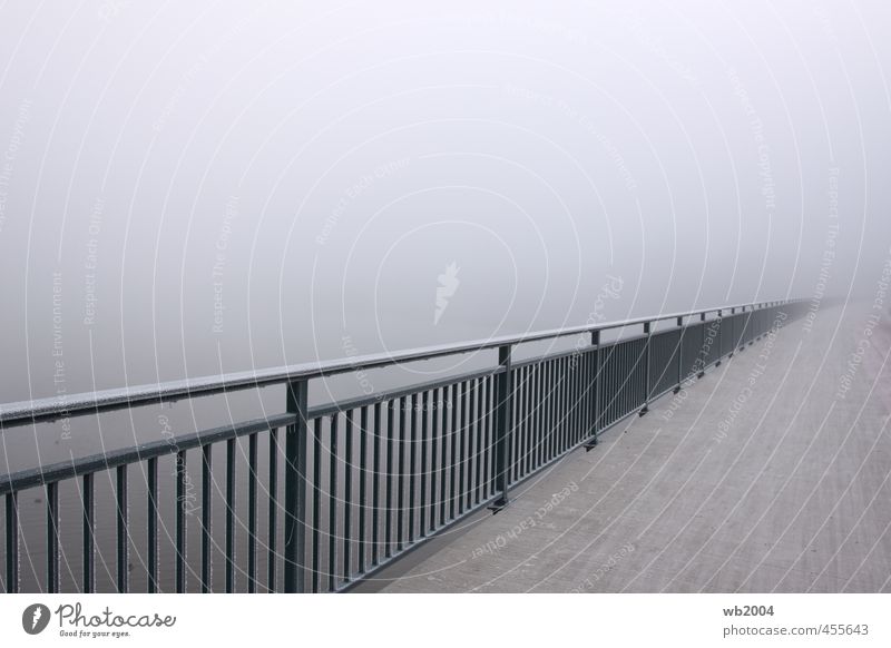 Railing in fog Bridge railing Concrete Steel Water Cold Colour photo Exterior shot Deserted Morning Shallow depth of field Wide angle Looking into the camera