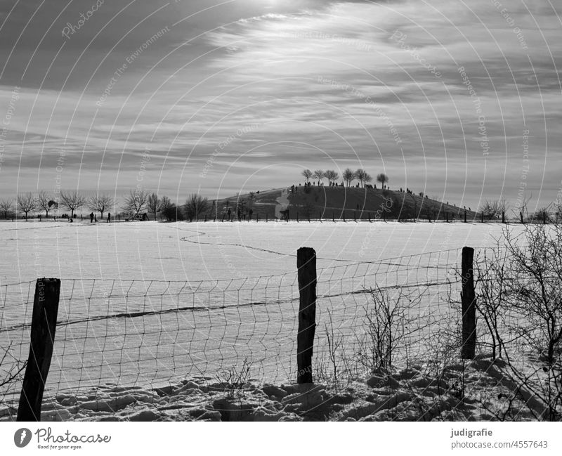 Winter landscape behind wire mesh fence Landscape Snowscape Weather chill Frost Nature Cold Winter mood Climate Clouds Sun Sky Tree trees Hill