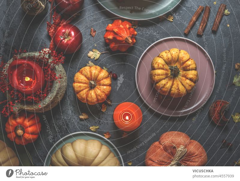 Various colorful pumpkins, candles, plates, cutlery and decoration on dark concrete kitchen table. Rustic autumn still life with seasonal vegetables. Top view.