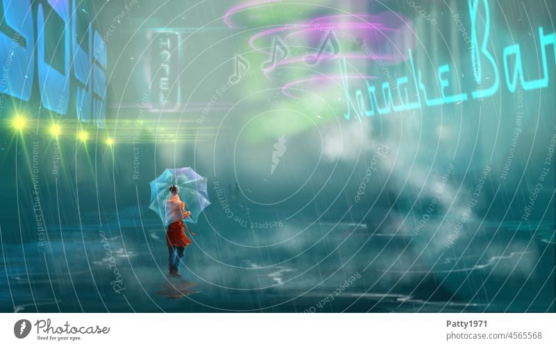 Digital illustration. Young woman with umbrella stands in a street of a futuristic cyberpunk city illuminated by neon signs. Woman Street Umbrella Skyline