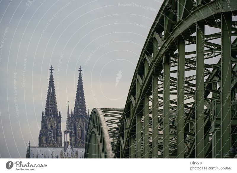 Hohenzollern Bridge and Cologne Cathedral in gloomy autumn weather Dome Tourist Attraction Colour photo Landmark Exterior shot House of worship Rhine Church