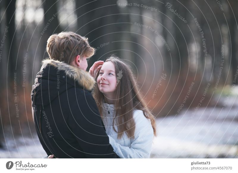 First love | portrait of teen love, young couple looks into each other eyes in love 2 Human being Life Youth (Young adults) Looking Central perspective To talk