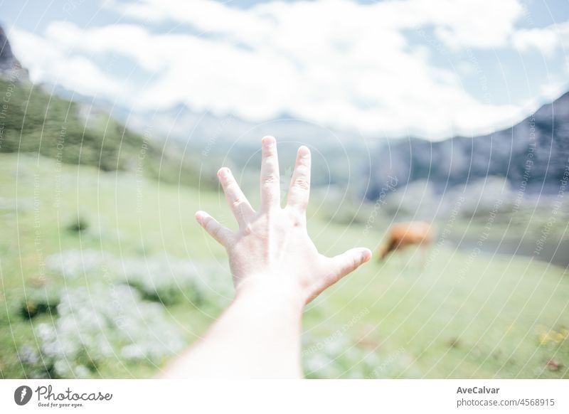 Hand and out of focus Picturesque summer landscape of highland Beautiful landscape with mountains. Viewpoint panorama in Lagos de Covadonga, Picos de Europa National Park, Asturias, Spain