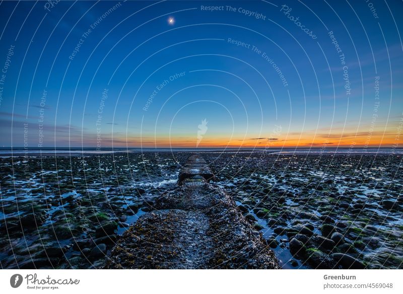 UK Cumbrian Coast, dusk view from Walney Island on the Cumbrian Coast. Sunset Moon Moonrise Sky Night Blue Evening Landscape Light Colour photo Twilight