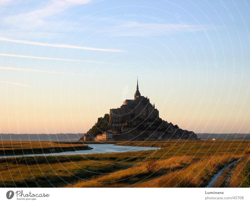 Mont Saint Michel Hill Ocean Coast Moody Vacation & Travel France Europe Monastery Medieval times Evening River Far-off places Historic Historic Buildings