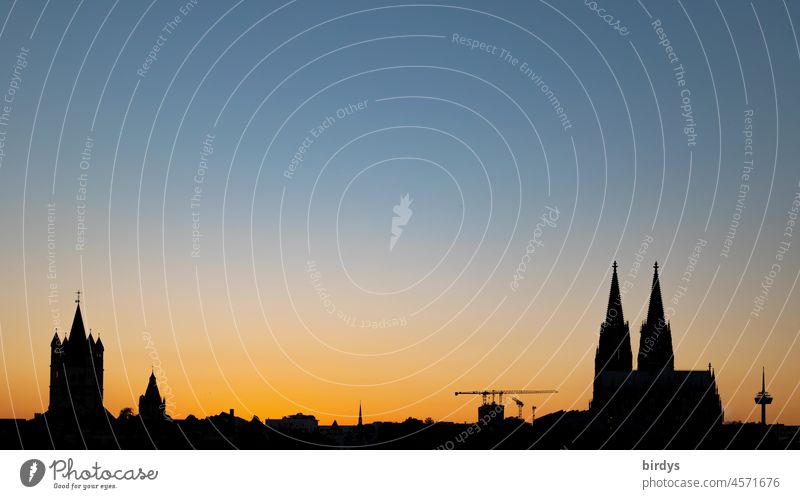 silhouette of Cologne , Cologne Cathedral in evening light, sunset Silhouette Sunset city view Cloudless sky Landmark Skyline Tourist Attraction Downtown spires