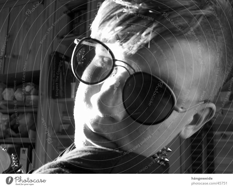 Punk with glasses Sunglasses Gray scale value Man Black & white photo spiked collar blinded Looking Cool (slang)