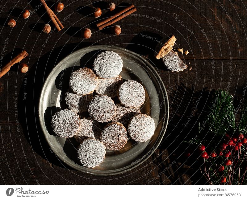 Christmas hazelnut shortbreads on a wooden table assortment cookies traditional food nougat christmas christmas dessert overhead sweets baked xmas festive