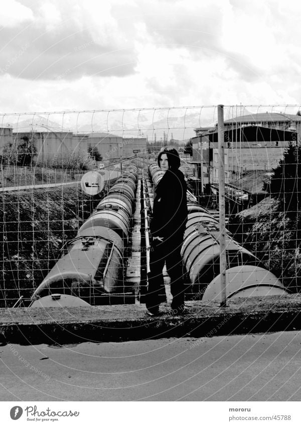 Human vs. Industry Dark Woman Black & white photo Black Gold bad mood evil eye Industrial Photography