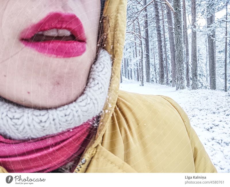 Painted lips in winter setting Lips Mouth Woman Lipstick Feminine Make-up Human being Cosmetics Skin Face 1 Close-up Apply make-up Red Winter Snow Cold