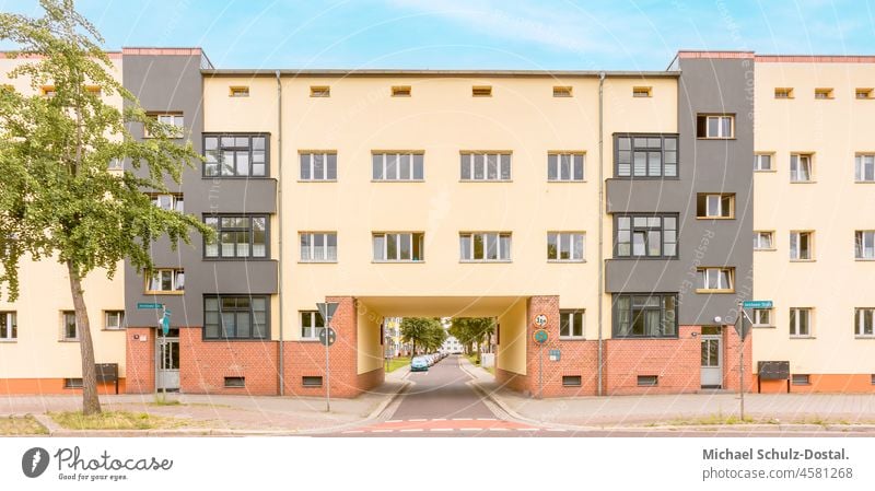 Passage of a typical Bauhaus apartment block in pastel tones Summer Build Branch Red Tree Geometry settlement Magdeburg Architecture modern minimal Colour shape