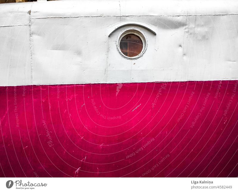 Small round window on white and reddish ship wall Window Window frame Wall Wall (barrier) Facade Detail Ship's side Exterior shot Window pane Round Circle