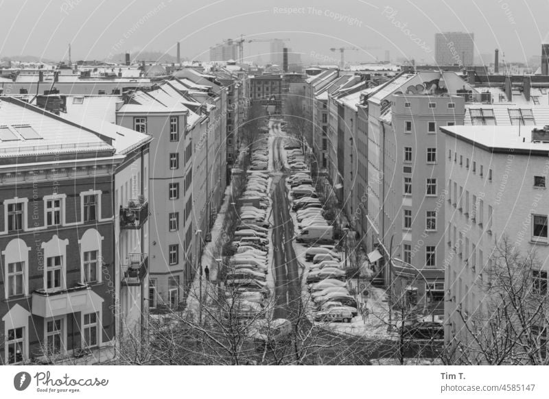 View from above along a snowy road Berlin Street Winter Snow b/w bnw Black & white photo Day Exterior shot Deserted Architecture Window Town Building