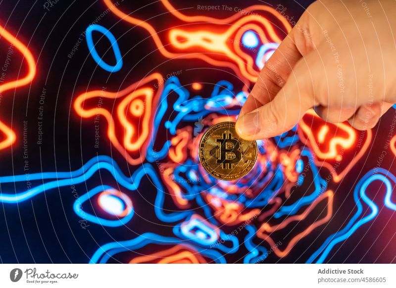 Crop person showing bitcoin in space money finance crypto currency investment profit monetary capital btc financial hand marketing commerce transfer earning
