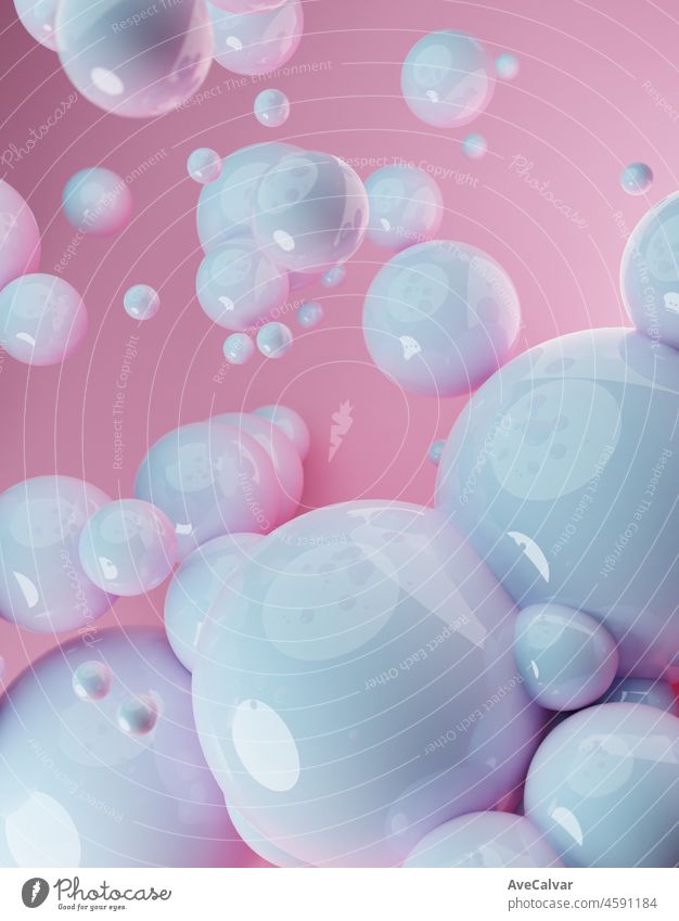Blue and pink palette abstract 3D render of dynamic abstract glossy spheres background for mockups,flat lay designs and templates with copy space for text.Dynamic wallpaper with balls or particles