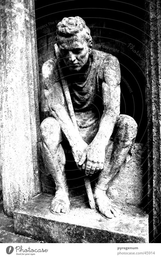 The Stone Guardian Statue Grave Cemetery Black White Grief Mystic Mysterious Exterior shot Wide angle Room Contrast Column depressed