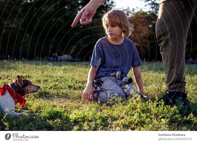 Perfect pets People with dogs Child boy dog lover with blonde hair in blue T-shirt plays with his puppy in the park and trains him to perform commands Funny pet in a red scarf Natural light Golden hour Fall season Jack Russell Terrier