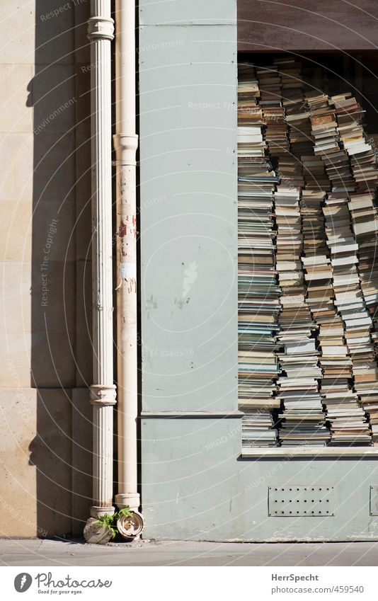 imposture Paris France Town Building Wall (barrier) Wall (building) Paper Old Exceptional Sharp-edged Funny Gloomy Crazy Shop window Book Bookshop Stack