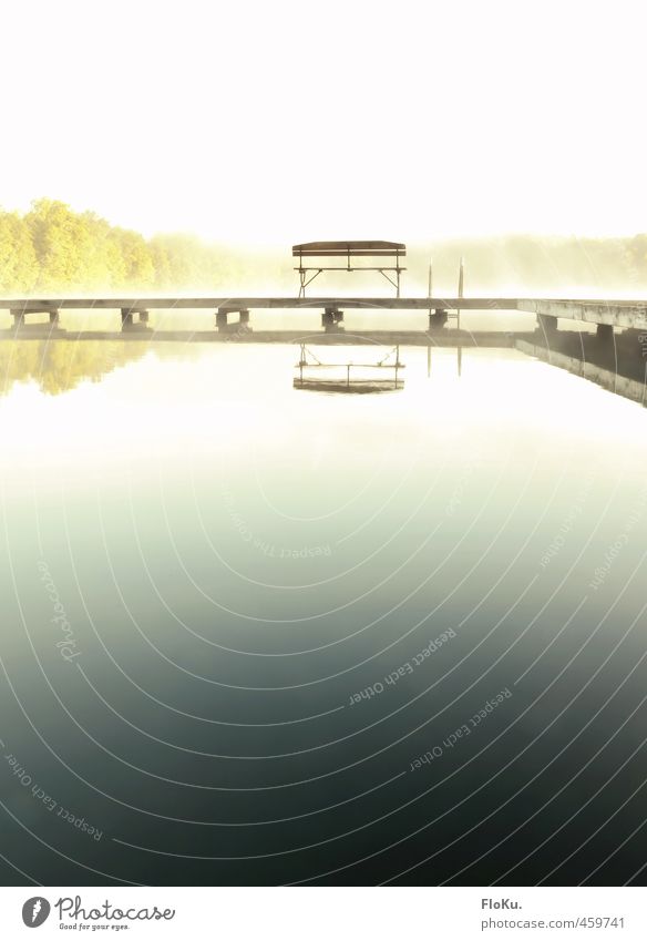 into another world Vacation & Travel Trip Far-off places Environment Nature Water Sunrise Sunset Summer Fog Coast Lakeside Soft Blue White Bench