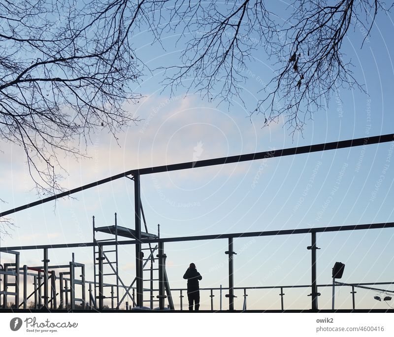 Woman outdoors terrace Café Winter Winter break linkage Roof construction Scaffolding Guest Stand Lonely Silhouette Sky cloud Tree Contrast Observe look