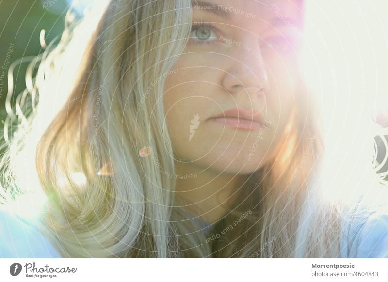 Blonde woman Light free time Meditative Student study University & College student Freedom time-out Break Back-light Sunlight sunshine warm Charming naturally