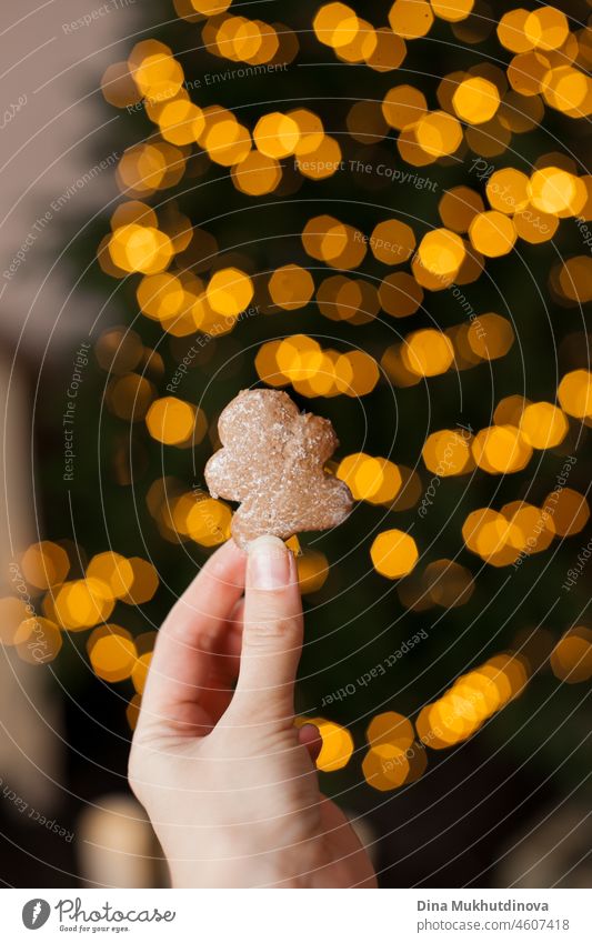 Hand holding a homemade gingerbread man cookie with Christmas tree lights bokeh as background Vintage Happy New Year Festive Tradition Man seasonal celebrations