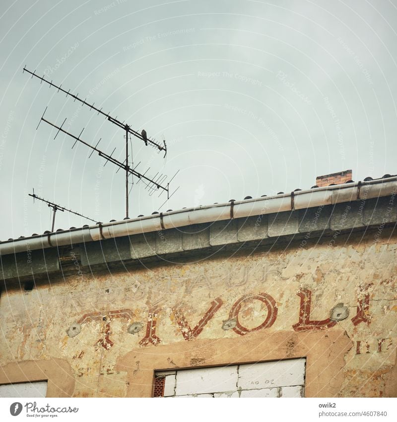 outpost Tivoli Restaurant House (Residential Structure) Old Derelict Inscription Former Historic Antenna television aerial Dankante Eaves Clouds Flake off