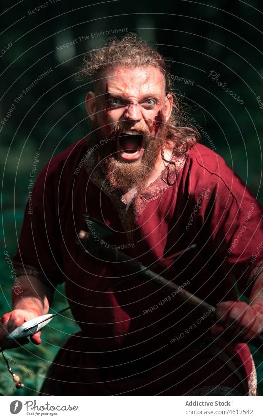 Aggressive viking with axe and sword fighting in forest man angry shield scream aggressive attack reenactment battle male violent scandinavian warrior