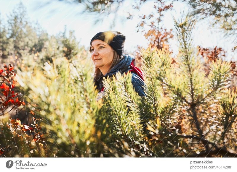 Woman enjoying hike on sunny vacation day. Female with backpack walking through forest trip hiking adventure travel summer journey wanderlust hiker exploring