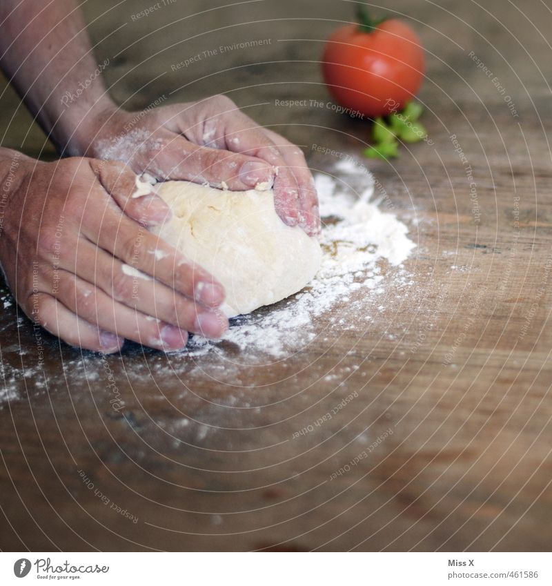 pizza dough Food Vegetable Dough Baked goods Nutrition Lunch Dinner Italian Food Hand Fingers Delicious Pizza Tomato Basil knead Meal Dish Flour Wooden table