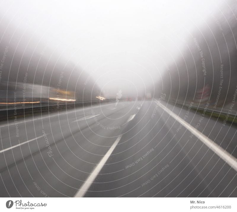 road trip Street Traffic infrastructure Transport Fog Highway Motoring Vacation & Travel Misty atmosphere morning mood Morning fog Road traffic Gloomy