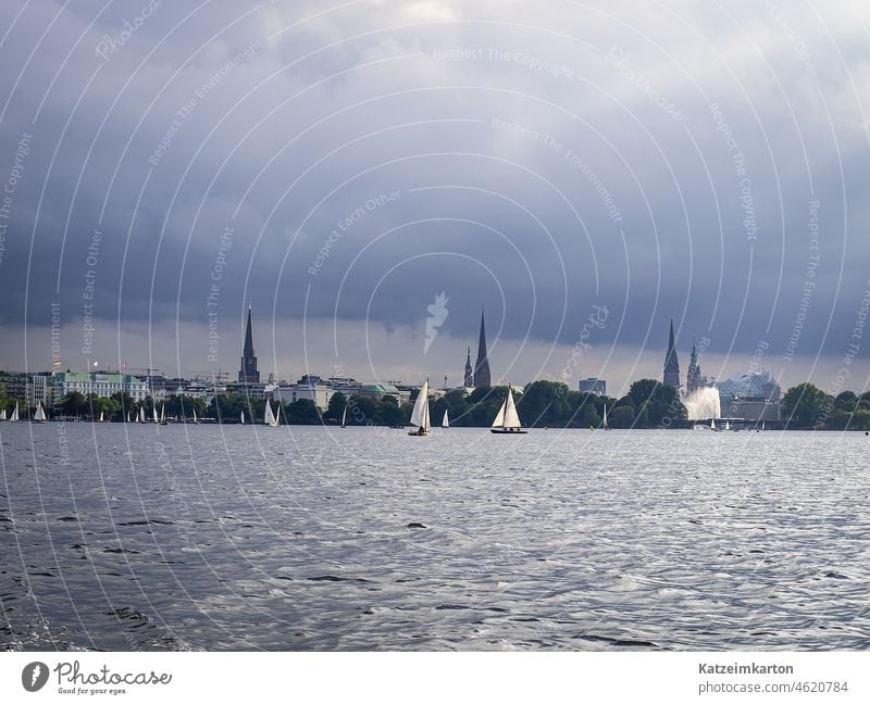Sailboats on the Alster in Hamburg Water Body of water Regatta Town Autumn out Sailing Sunlight sunny be out Sports metropolis spires Elbe Philharmonic Hall