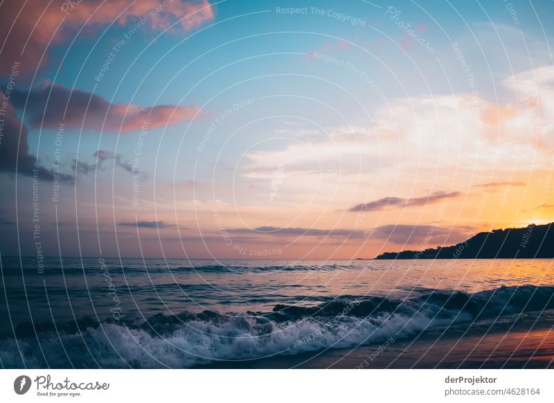 Waves on shore during sunset in Azores IV Central perspective Deep depth of field Sunlight Reflection Contrast Shadow Copy Space middle Copy Space bottom