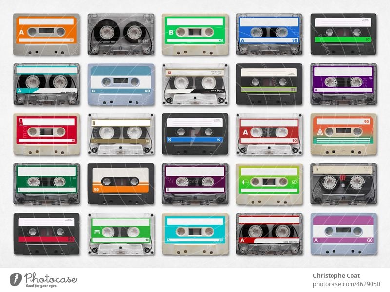25 audio cassettes isolated on white background Audio Cassette 1980-1989 Rock Musician Old Stereo Variation Party - Social Event Cut Out Collection