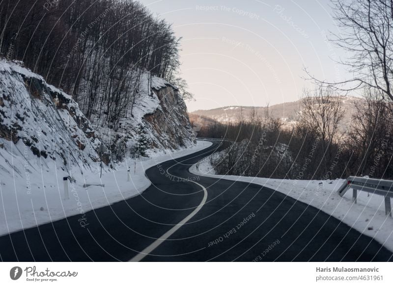 empty road in mountains covered in snow in europe asphalt background beautiful bjelasnica bosnia and herzegovina cold country day forest frost highway landscape