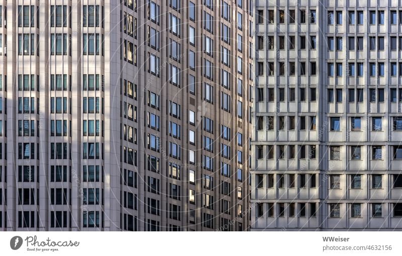 The sky and sunlight are reflected in the many windows of the large hotel and office buildings High-rise Office Hotel Block City City centre urban Facade