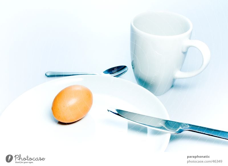 Dishes with egg ;-) Crockery White Soft Cup Round Carry handle Empty Hard Saw Spotted Patch Delicious Breakfast Spoon Beautiful Teaspoon Reflection Faded in
