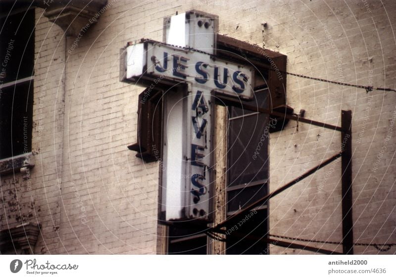Jesus saves Jesus Christ Decline Neon light Americas Christianity New York City Religion and faith Hope Photographic technology Back Old Signs and labeling
