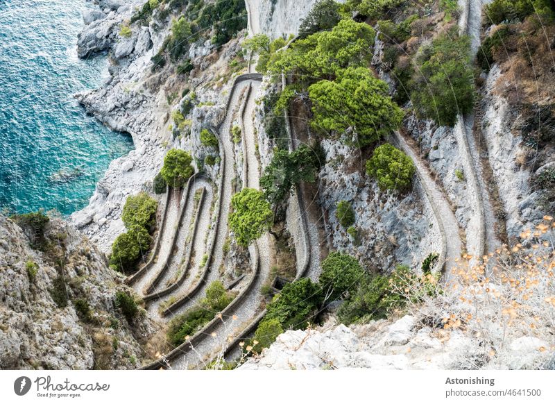 winding Via Krupp, Capri path off Landscape down Steep curves Arch Italy Ocean Blue stones trees Nature Green Gray vacation coast Vacation & Travel Tourism