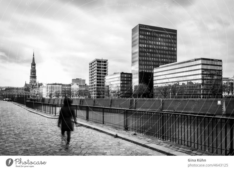 Blurred woman lonely in Hafencity (Hamburg) Town Street People Manmade structures Architecture urban Woman Going Europe arrive Loneliness one person quiet scene