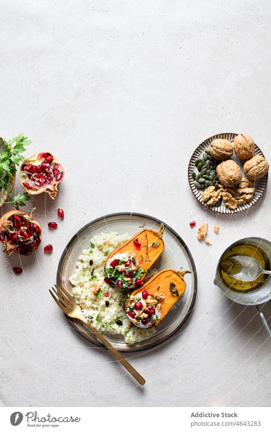 Rice with roasted pumpkins and pomegranates rice meal vegetable homemade food culinary healthy food tasty delicious seed yummy cuisine nutrition light