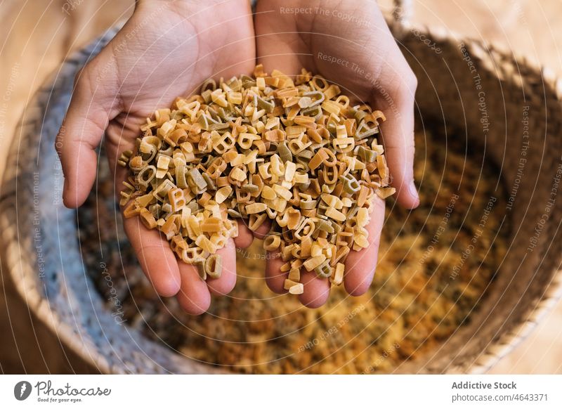 Person showing colorful macaroni in hands person demonstrate pasta raw food nutrition uncooked female dry wicker product small multicolored dried shape heap