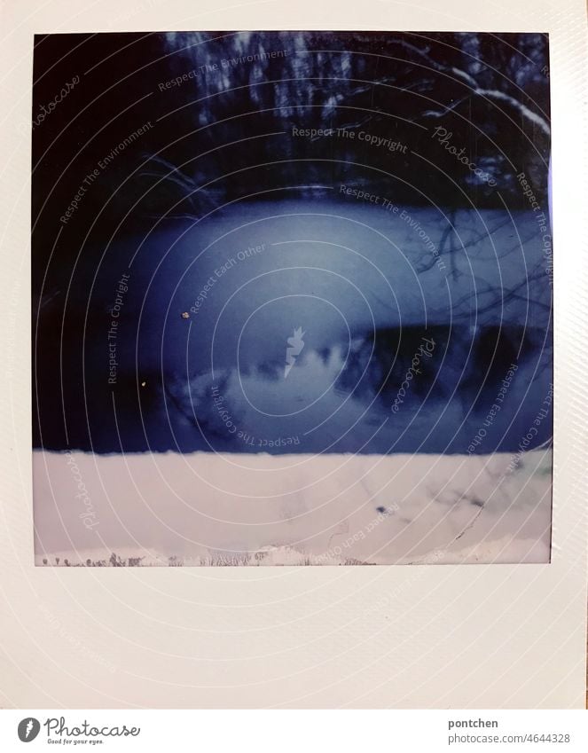 polaroid shows snow in front of a partially frozen lake. ice and water. winter Winter Ice Snow Frozen Polaroid Lake ponds Pond chill Nature Tree reflection