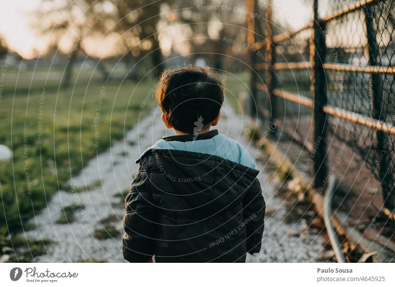 Rear view child with hooded jacket Child Boy (child) 1 - 3 years Caucasian Hooded (clothing) Hooded jacket Infancy Exterior shot Colour photo Human being Autumn