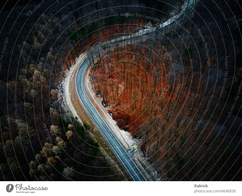 Landscape with winding road through forest, aerial view landscape nature outdoor car green highway trip countryside travel tree scenic above serpentine