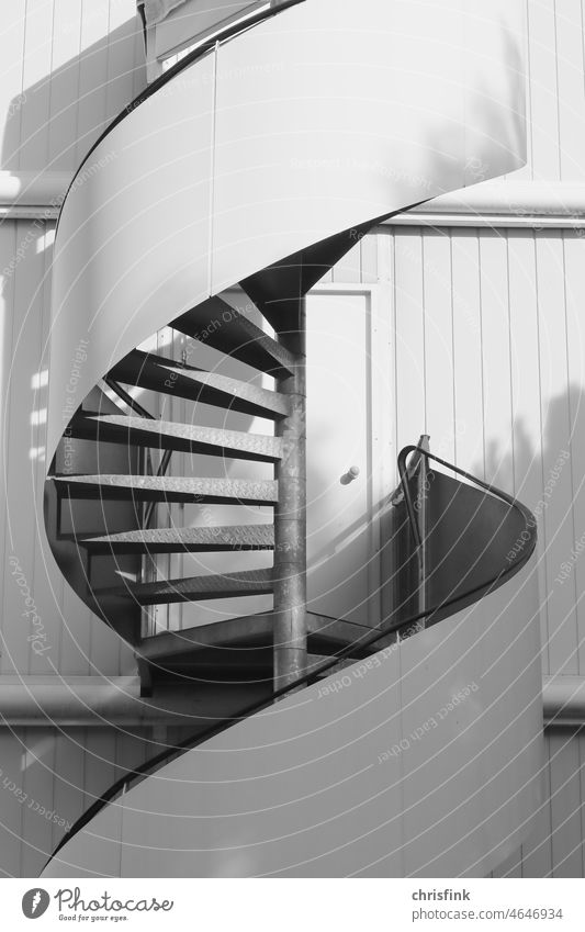 Spiral staircase outside building black white Stairs rail Metal Staircase (Hallway) House (Residential Structure) Deserted Downward Upward Banister